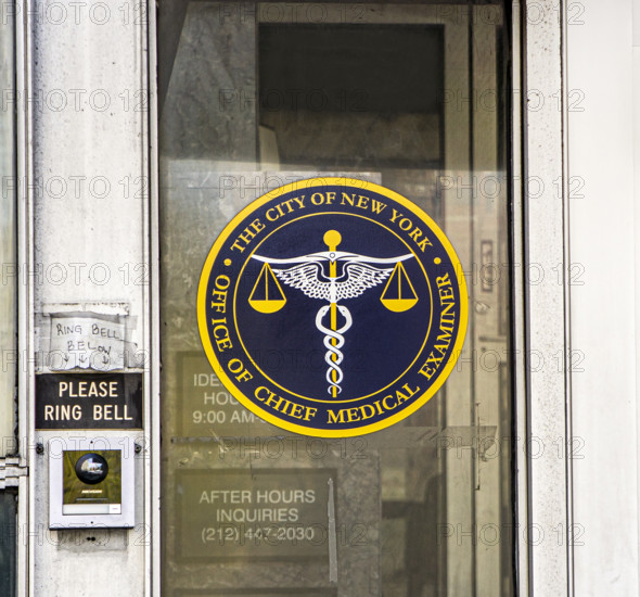 City of New York Office of Chief Medical Examiner, sign on building exterior, New York City, New York, USA