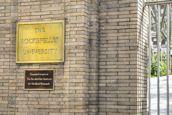 The Rockefeller University, a private biomedical research and graduate-only university, detail of university name on gold plaque on brick wall, New York City, New York, USA