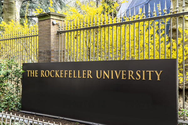 The Rockefeller University, a private biomedical research and graduate-only university, university name on wrought iron fence, New York City, New York, USA