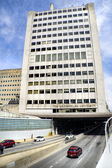 The Rockefeller University, a private biomedical research and graduate-only university, building exterior with FDR Drive running underneath, New York City, New York, USA