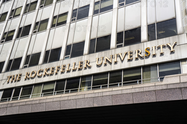 The Rockefeller University, a private biomedical research and graduate-only university, detail of university name on building exterior, New York City, New York, USA