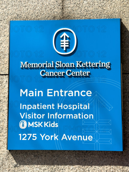 Memorial Sloan Kettering Cancer Center, building exterior, main entrance sign, 1275 York Avenue, New York City, New York, USA