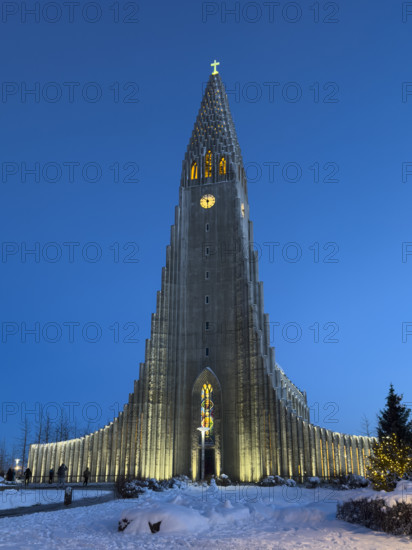 Hallgrimskirkja church in winter at dusk, Reykjavík, Iceland