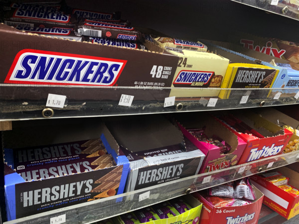 Selection of candy bars in grocery store