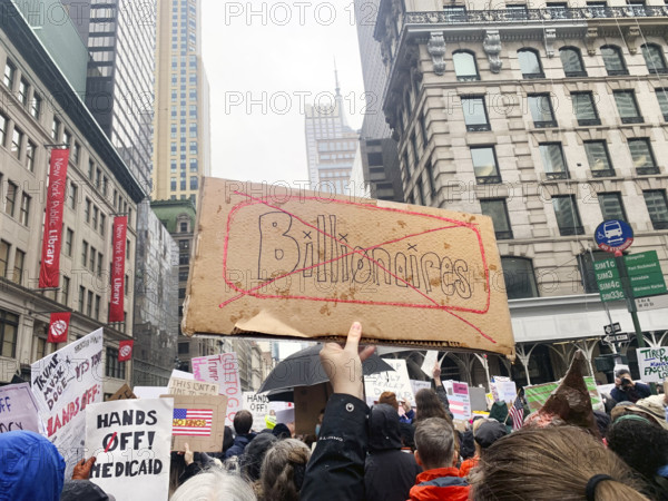 Demonstrators participating in "Hands Off" National Day of Action Protest, Fifth Avenue, New York City, New York, USA, April 5, 2025