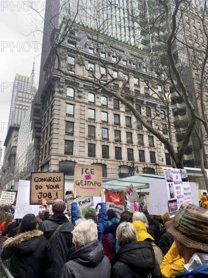 Demonstrators participating in "Hands Off" National Day of Action Protest, Fifth Avenue, New York City, New York, USA, April 5, 2025