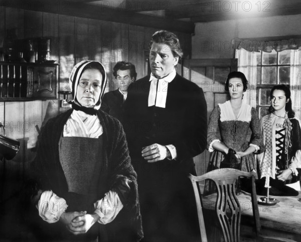 Eva Le Gallienne (left), Burt Lancaster (center), Neil McCallum (2nd left), Janelle Scott (2nd right), on-set of the film, "The Devil's Disciple", United Artists, 1959