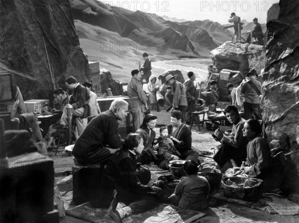 Katharine Hepburn, Walter Huston, on-set of the film, "Dragon Seed,", MGM, 1944