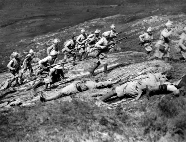 Battle scene, on-set of the British film, "The Drum", U.S. title: "Drums", United Artists, 1938