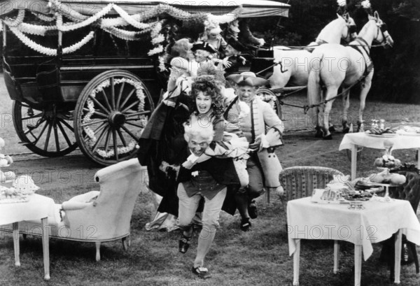 Syra Marty (being carried), on-set of the film, "Fanny Hill", Gloria Film, Pan World, 1964