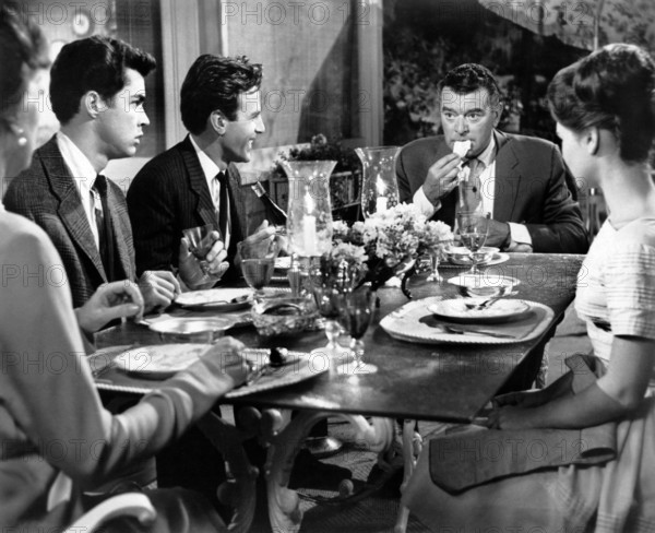 Rosalind Russell, Richard Beymer, Maximilian Schell, Jack Hawkins, Annette, Gorman, on-set of the film, "Five Finger Exercise", Columbia Pictures, 1962