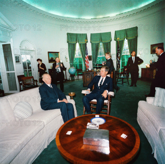 U.S. President meeting with West German Chancellor Dr. Konrad Adenauer in Oval Office, White House, Washington, D.C., USA, Robert Knudsen, White House Photographs, November 14, 1962