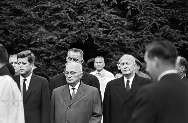 U.S. President John F. Kennedy and U.S. Vice President Lyndon Johnson with former U.S. Presidents, Harry S. Truman and Dwight D. Eisenhower, at funeral of former U.S. First Lady Eleanor Roosevelt rose garden on the Roosevelt estate, Hyde Park, New York, USA, Cecil W. Stoughton, White House Photographs, November 10, 1962