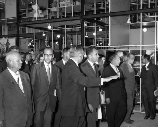 Soviet Premier Nikita Khrushchev and U.S. Vice President Richard M. Nixon touring the American Exhibition at Sokolniki Park, Moscow, Soviet Union, White House Photo Office, July 27, 1959