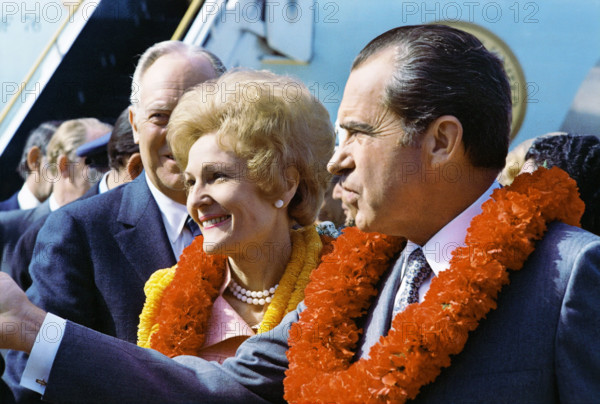 U.S. President Richard M. Nixon and U.S. First Lady Pat Nixon Exit from Aircraft and greet well-wishers, Marine Corps Air Station, Kaneohe Bay, Hawaii, USA, White House Photo Office, February 17, 1972