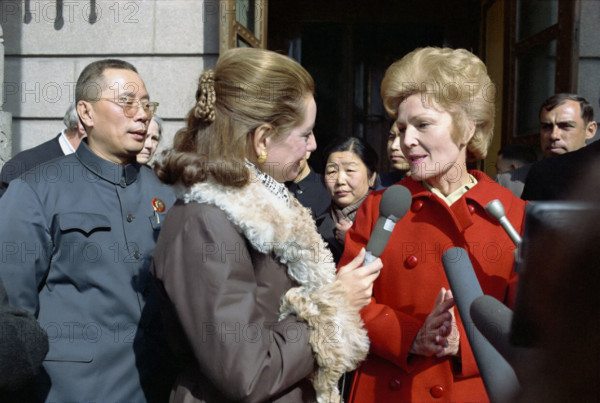 U.S. First Lady Pat Nixon being interviewed by U.S. reporter Barbara Walters, Beijing, China, White House Photo Office, February 22, 1972