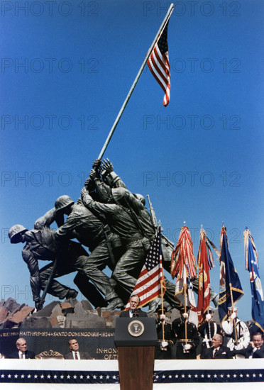 U.S. President George H.W. Bush making speech at Iwo Jima Memorial regarding the American Flag, Arlington Virginia, USA, David Valdez, White House photographer, June 30, 1989