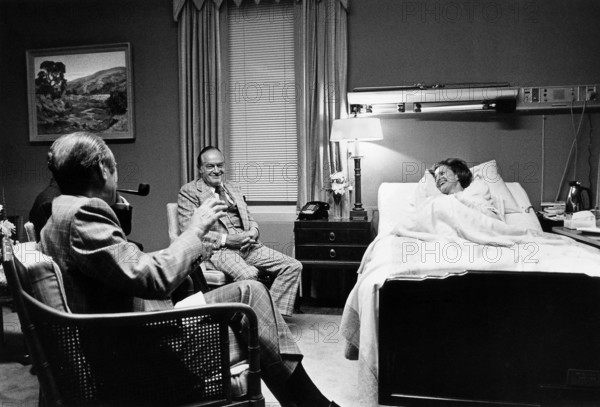 U.S. President Gerald Ford and comedian Bob Hope visiting U.S. First Lady Betty Ford in President's Suite following the First Lady's breast cancer surgery, Bethesda Naval Hospital, Bethesda, Maryland, USA, David Hume Kennerly, White House photographer, October 5, 1974