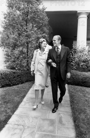 U.S. First Lady Betty Ford escorting U.S. President Gerald Ford to his limousine before heading to surprise 63rd birthday lunch for President Ford at Sans Souci, Washington, D.C., USA, Karl H. Schumacher, White House photographer, July 14, 1976