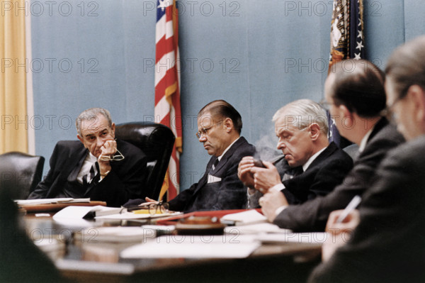 U.S. President Lyndon B. Johnson, Secretary of Defense Robert McNamara, Secretary of the Navy Paul Nitze, National Security Council meeting, White House Cabinet Room, Washington, D.C., USA, Yoichi R. Okamoto, White House photographer, February 7, 1968