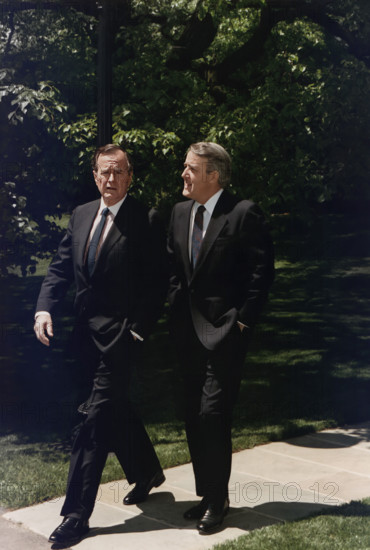 U.S. President George H.W. Bush walking with Canadian Prime Minister Brian Mulroney on White House Grounds, Washington, D.C., USA, David Valdez, White House photographer, May 4, 1989