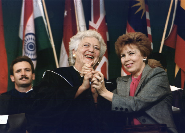 U.S. First Lady Barbara Bush and Raisa Gorbachev delivering Commencement Addresses, Wellesley College, Wellesley, Massachusetts, USA, White House Photo Office, June 1, 1990