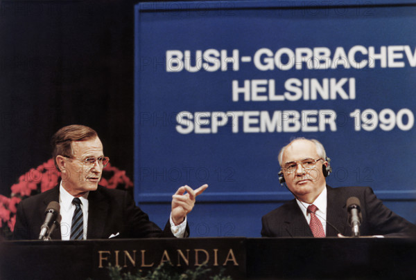 U.S. President George H.W. Bush and Soviet President Mikhail Gorbachev giving a joint press conference at Finlandia Hall during the Helsinki Summit, Helsinki, Finland, Susan Biddle, White House photographer, September 9, 1990