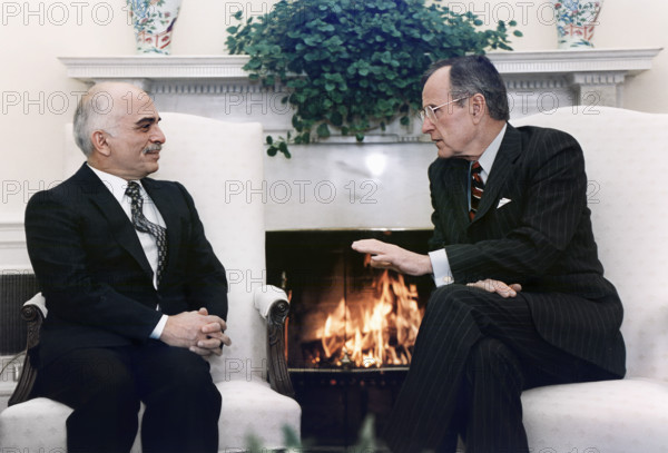 U.S. President George H.W. Bush meeting with King Hussein of Jordan in the Oval Office, White House, Washington, D.C., USA, Susan Biddle, White House photographer, March 12, 1992