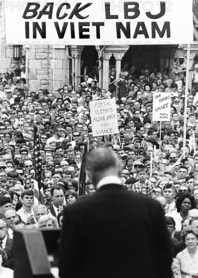 U.S. President Lyndon B. Johnson speaking to large crowd, which included remarks defending his administration's policies in Vietnam, Soldiers' and Sailors' Monument, Indianapolis, Indiana, USA, Yoichi R. Okamoto, White House photographer, July 23, 1966