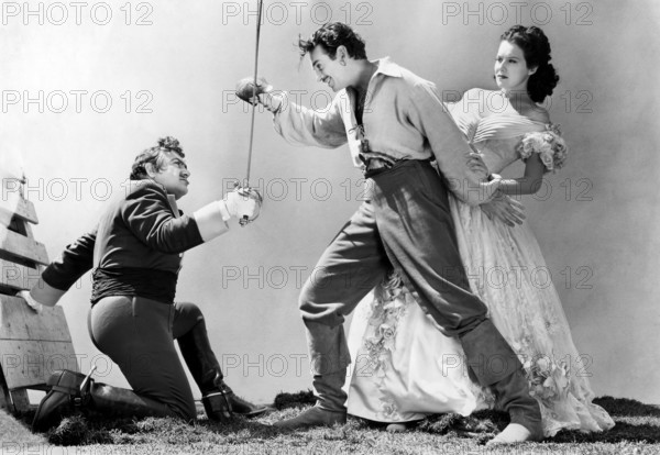 Akim Tamiroff, Douglas Fairbanks Jr., Ruth Warrick, on-set of the film, "The Corsican Brothers", United Artists, 1941