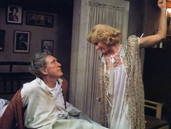 Burgess Meredith, Karen Black, on-set of the film, "The Day Of The Locust", Paramount Pictures, 1975