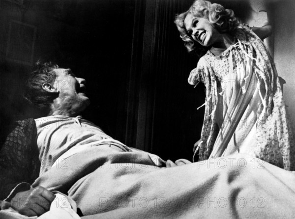 Burgess Meredith, Karen Black, on-set of the film, "The Day Of The Locust", Paramount Pictures, 1975