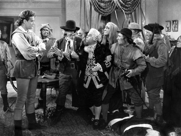 Willard Parker (far left), Lloyd Corrigan (center, being held), on-set of the film, "The Fighting Guardsman", Columbia Pictures, 1945