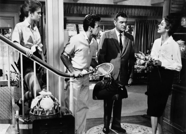 Annette, Gorman, Maximilian Schell, Jack Hawkins, Rosalind Russell, on-set of the film, "Five Finger Exercise", Columbia Pictures, 1962
