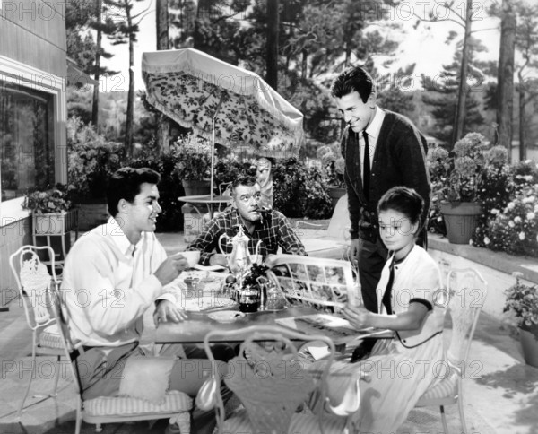 Richard Beymer, Jack Hawkins, Maximilian Schell, Annette, Gorman, on-set of the film, "Five Finger Exercise", Columbia Pictures, 1962