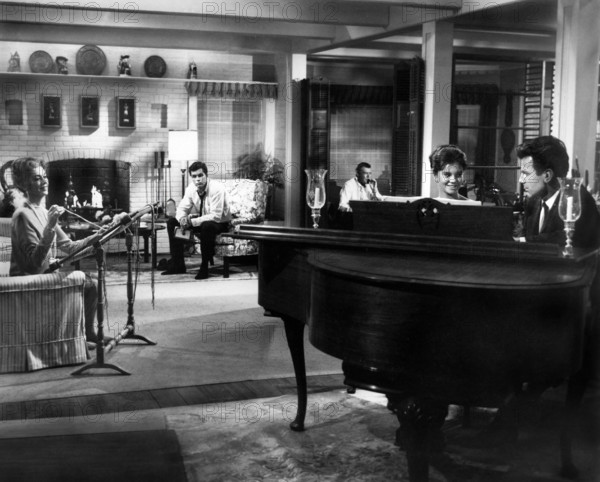 Rosalind Russell, Richard Beymer, Jack Hawkins, Annette, Gorman, Maximilian Schell, on-set of the film, "Five Finger Exercise", Columbia Pictures, 1962