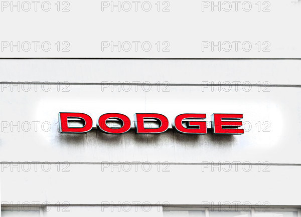 Dodge logo on car showroom building exterior, Manhattan, New York City