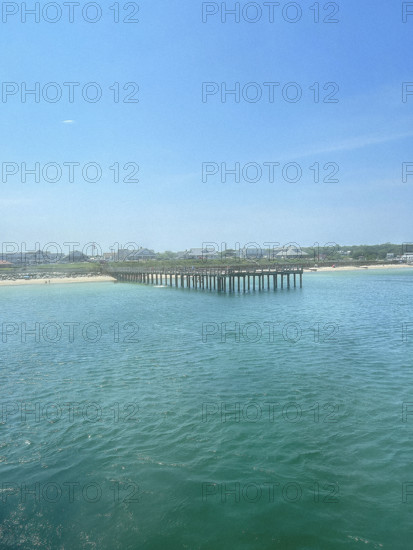 View of Oak Bluffs pier from ferry boat, Martha's Vineyard, Massachusetts, USA