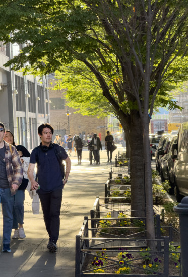 Group of people walking along shaded sidewalk, New York City