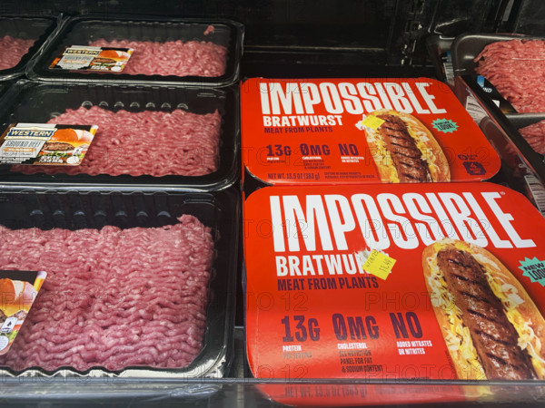 Ground Beef and Plant Based Meat Display at Grocery Store