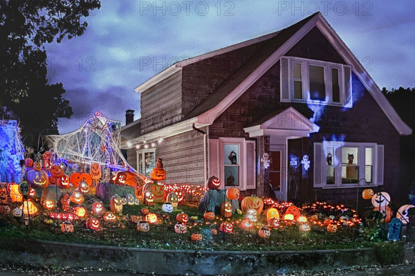 Suburban home decorated with many festive Halloween decorations.