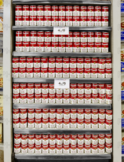 Rows of Campbell soup cans in supermarket