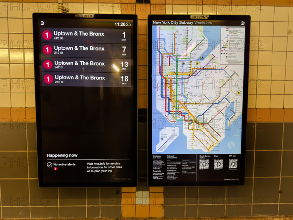 New York City subway map and information board announcing train arrivals, Franklin Street subway station, Tribeca, Manhattan, New York City