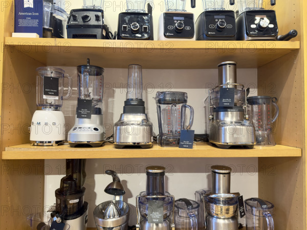 Assortment of blenders and mixers on display shelves, New York City