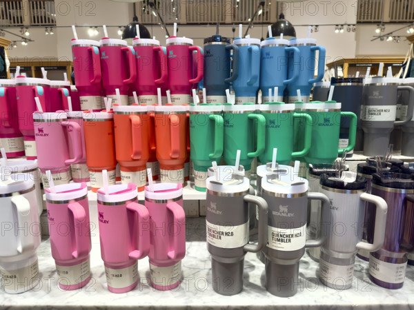 Assortment of insulated mugs and tumbers on display, New York City