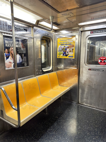 Empty subway car interior, #1 train, Manhattan, New York City
