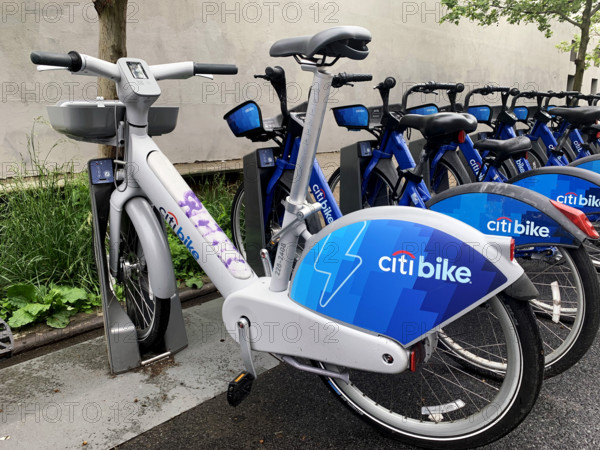 Row of parked Citi Ebike rentals, Brooklyn, New York