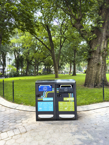 Solar powered recycling bins, Madison Square Park, Manhattan, New York City