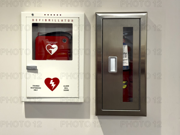 Wall-mounted defibrillator and fire extinguisher