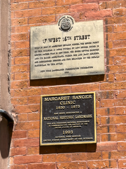 Building exterior with plaque designating it as a National Historic Landmark for its Greek Revival architecture and as the former site of the Margaret Sanger Clinic, 17 West 16th Street, Manhattan, New York City